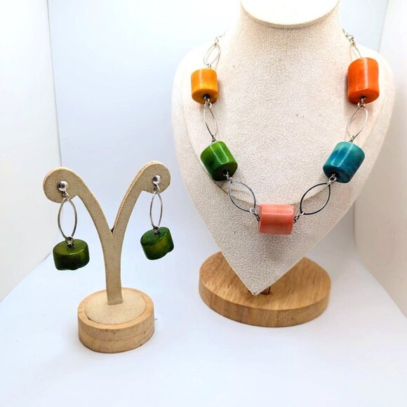 Multicolor Handmade Barrel Shaped Beads Silver Tone Necklace Earrings Set - Picture 1 of 6